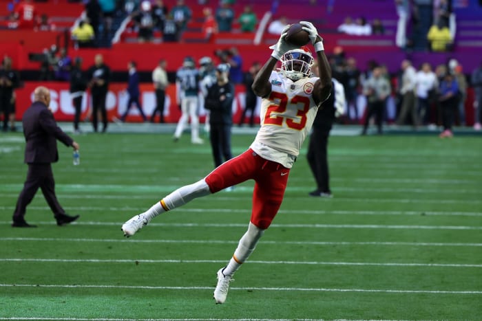 Feb 12, 2023; Glendale, Arizona, US; Kansas City Chiefs cornerback Joshua Williams (23) warms up before Super Bowl LVII against the Philadelphia Eagles at State Farm Stadium. Mandatory Credit: Bill Streicher-USA TODAY Sports